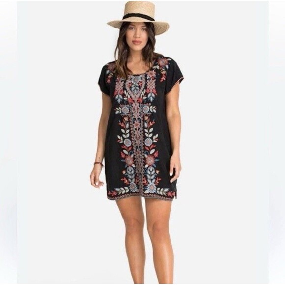 Johnny Was Maisie Peasant Tunic Dress Women’s S Black Linen Floral Embroidery - Picture 1 of 8